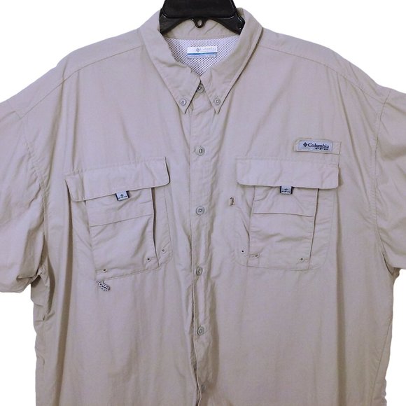 Vintage 90s Columbia PFG Shirt OmniShade Mens-XXL Pockets SSL Tactel Nylon Beige - Picture 2 of 12